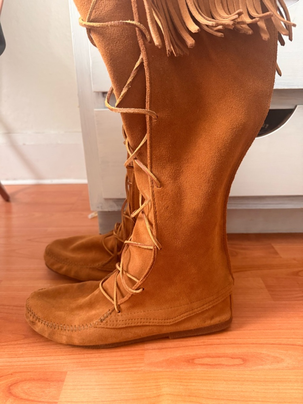 Minnetonka Fringe Lace-Up Over-the-Knee Suede Boots in Chestnut - Picture 7 of 7